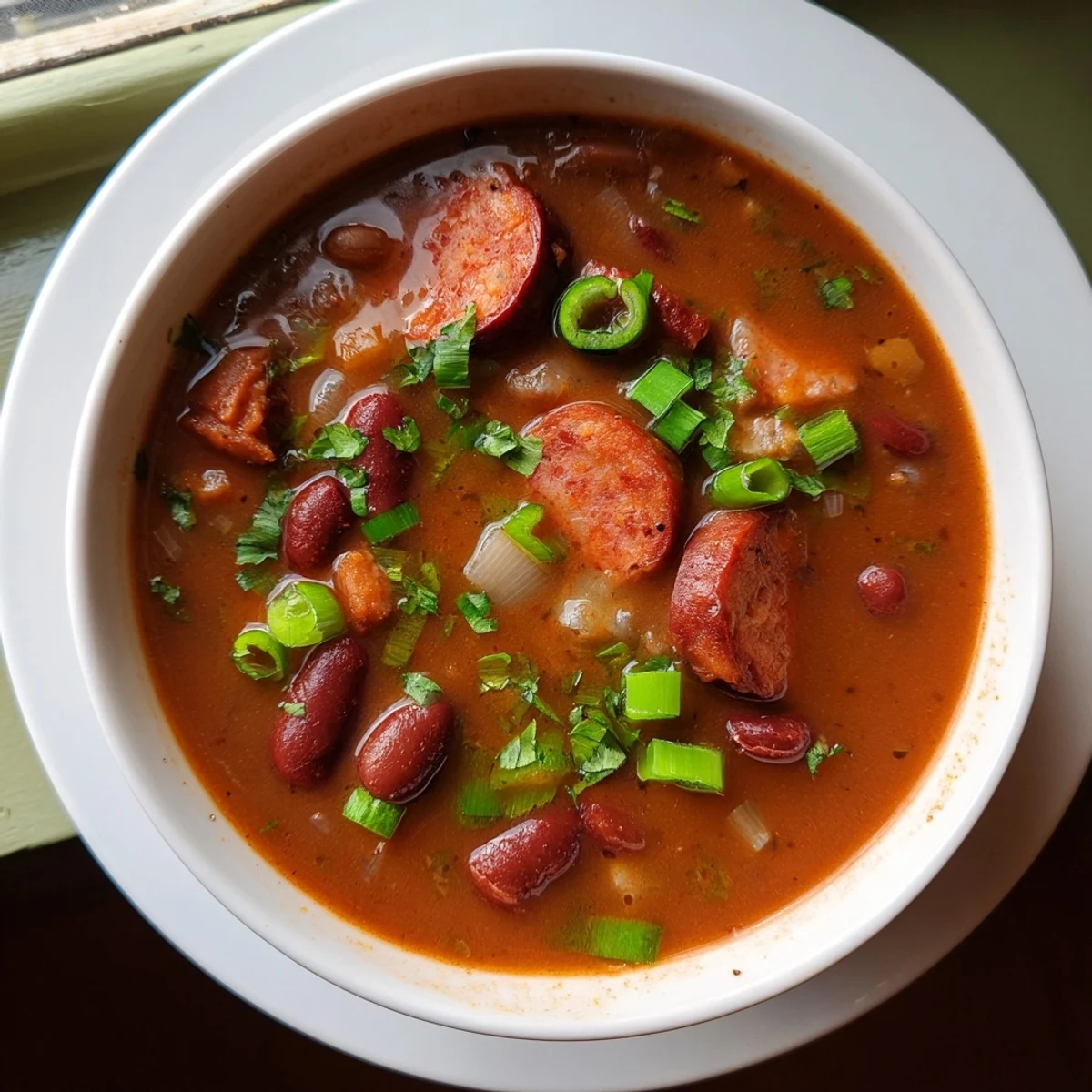 A hearty pot of Louisiana Red Bean Soup simmering with smoky Andouille sausage, tender beans, and aromatic Creole spices.