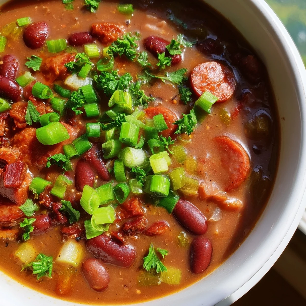 A steaming bowl of Louisiana Red Bean Soup garnished with fresh parsley and green onions, served alongside fluffy white rice.