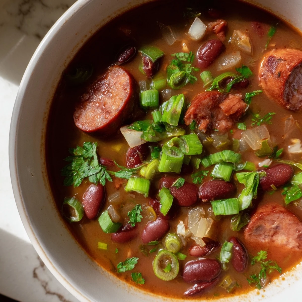 Close-up of Louisiana Red Bean Soup ladled over rice, featuring diced vegetables and garnished with fresh green onions.