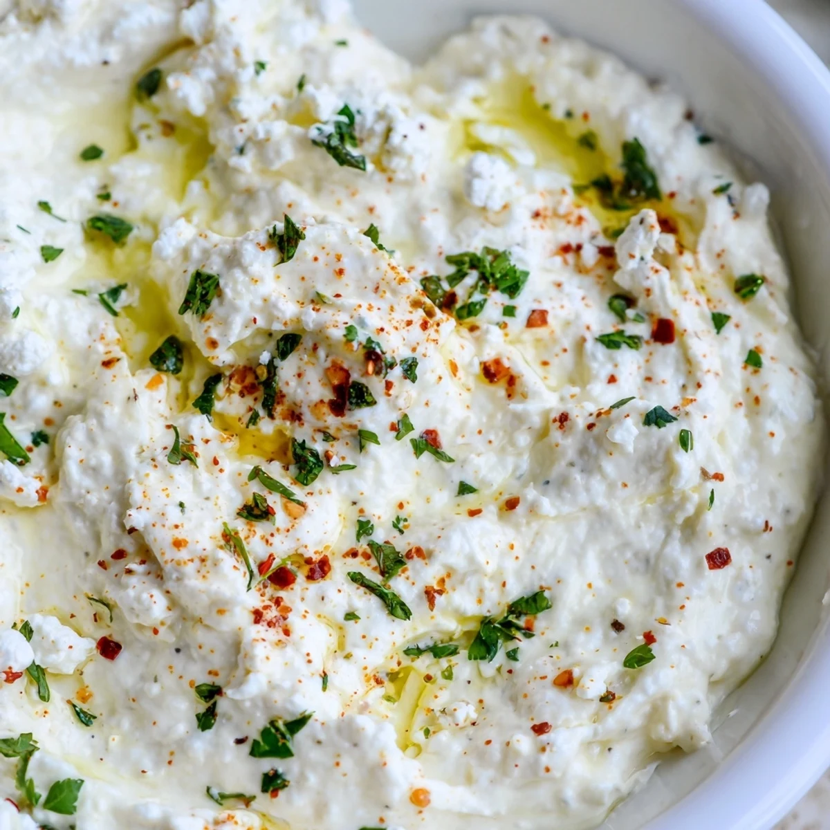 A bowl of creamy Halftime Spicy Feta Dip, garnished with herbs and olive oil, served with fresh vegetable sticks.  