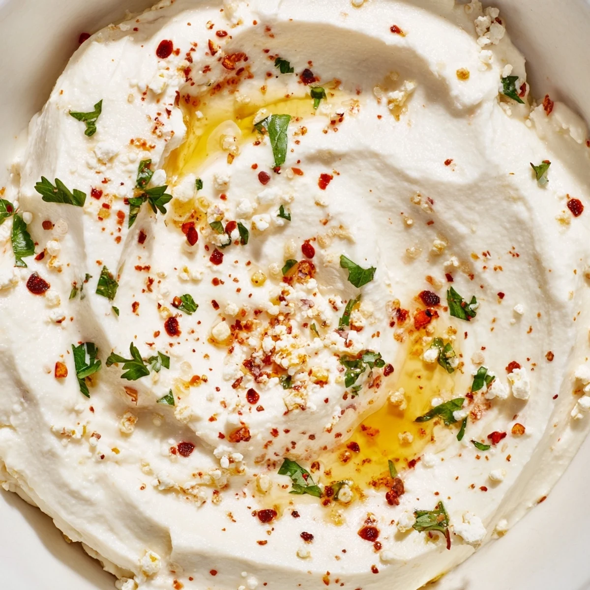 Smooth Halftime Spicy Feta Dip in a ceramic bowl, surrounded by colorful veggies and pita chips for dipping.
