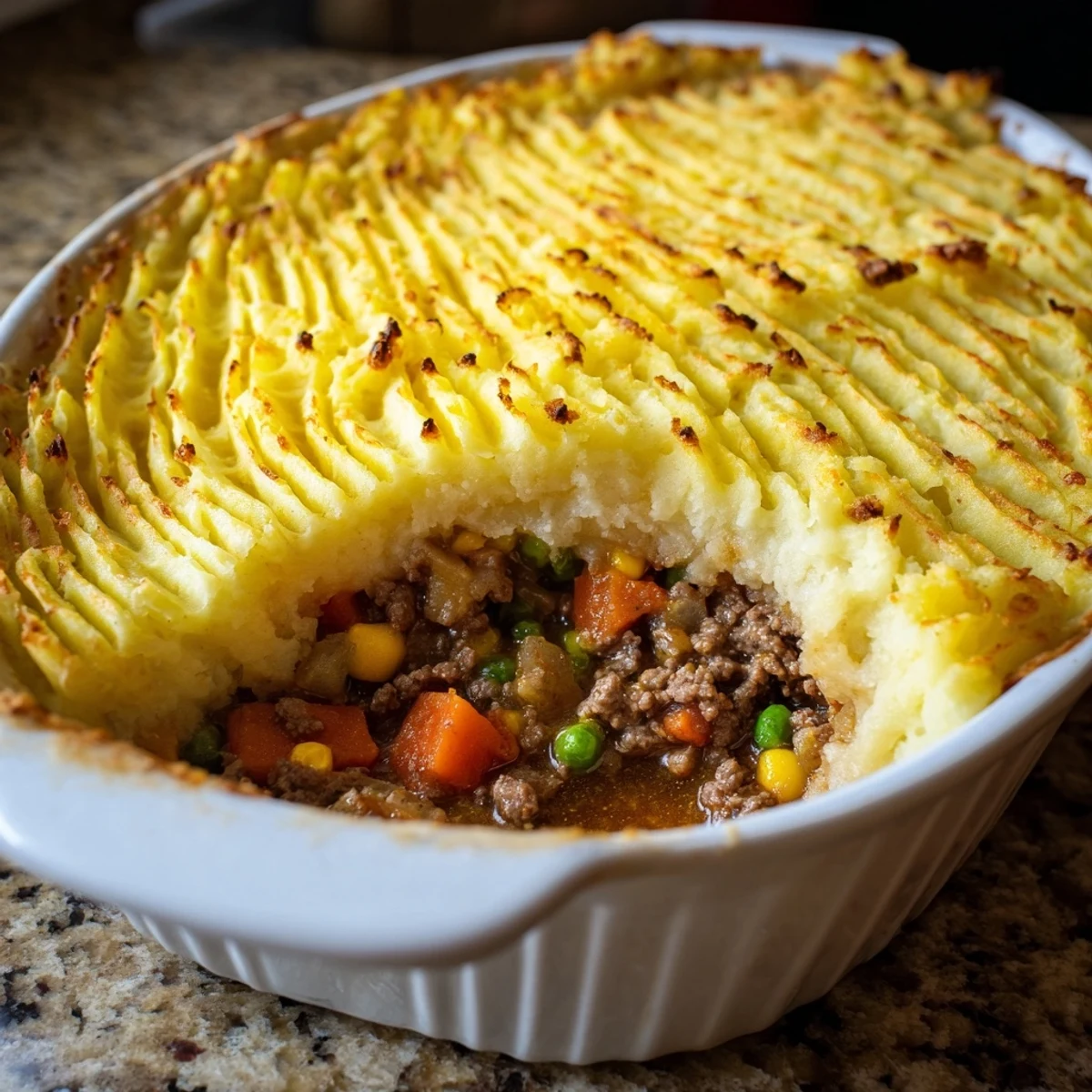Close-up of a golden, fork-marked mashed potato topping on Beef Shepherds Pie with Peas, baked to perfection.