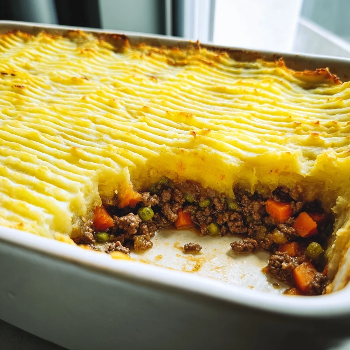 A hearty Beef Shepherds Pie with Peas featuring a savory beef and vegetable filling bubbling up at the edges.