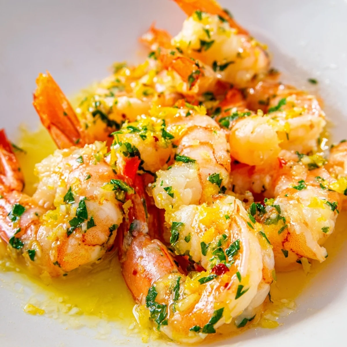 Plump shrimp glistening in a vibrant lemon garlic butter sauce, served in a rustic skillet.