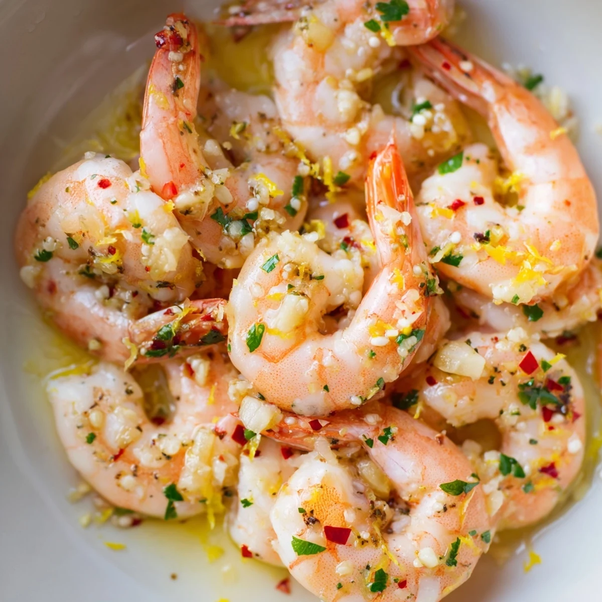 Juicy shrimp sautéed in a sizzling lemon garlic butter sauce, ready for crusty bread.