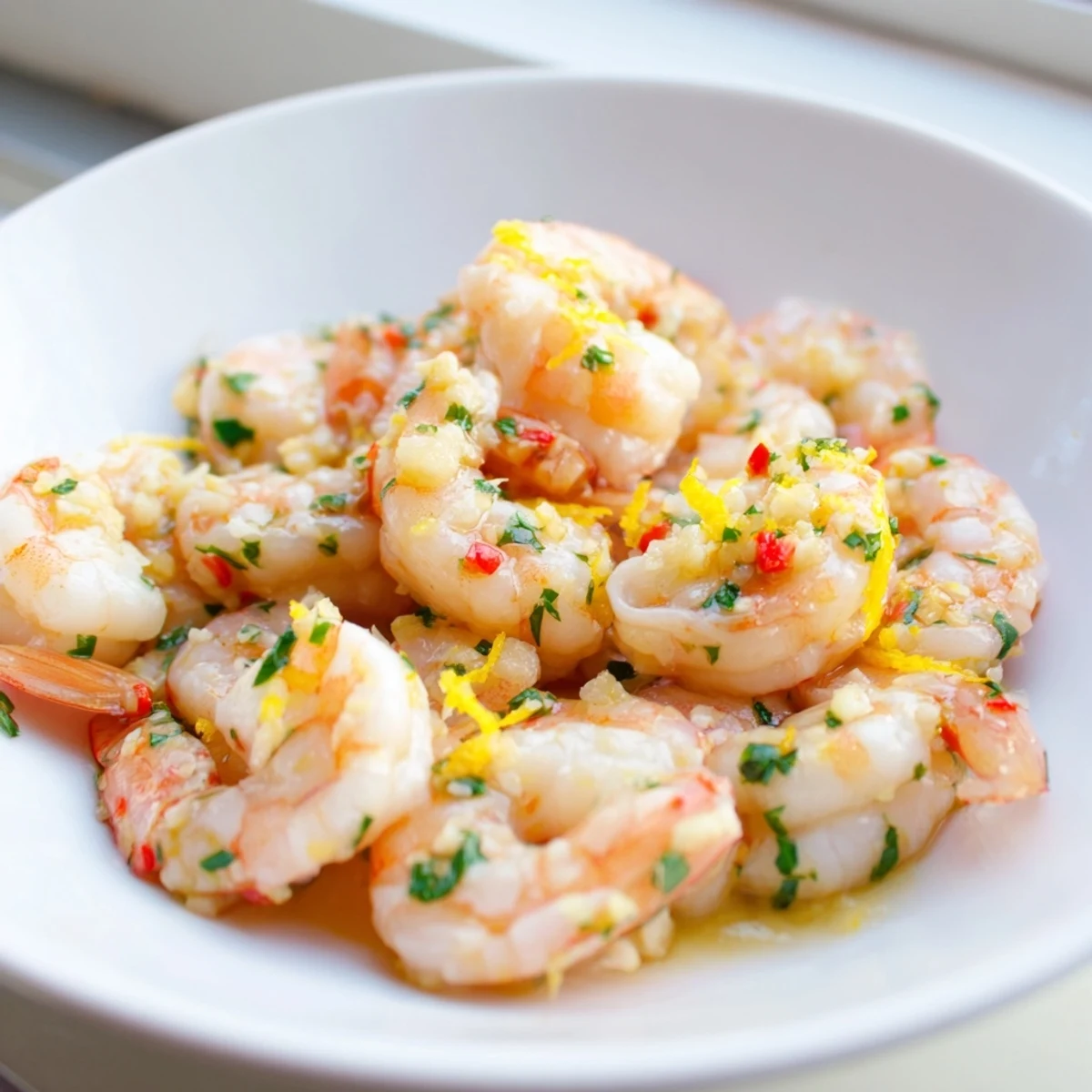 Freshly chopped parsley garnishes tender shrimp in a bright lemon garlic butter sauce.