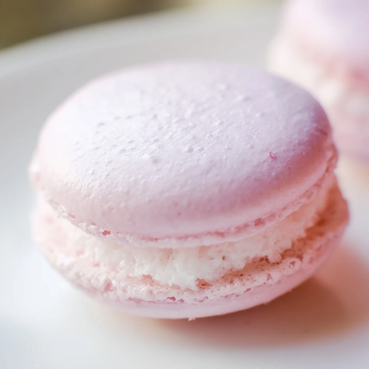 A plate of pink strawberry macarons with delicate shells and luscious strawberry buttercream filling.