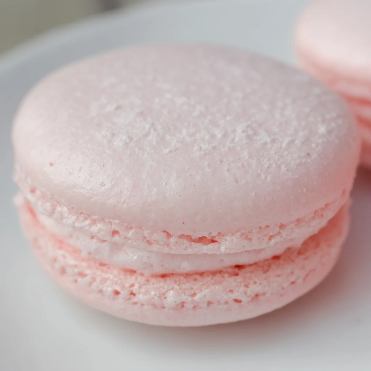 Freshly baked pink strawberry macarons, featuring almond meringue cookies and a vibrant, sweet strawberry filling.