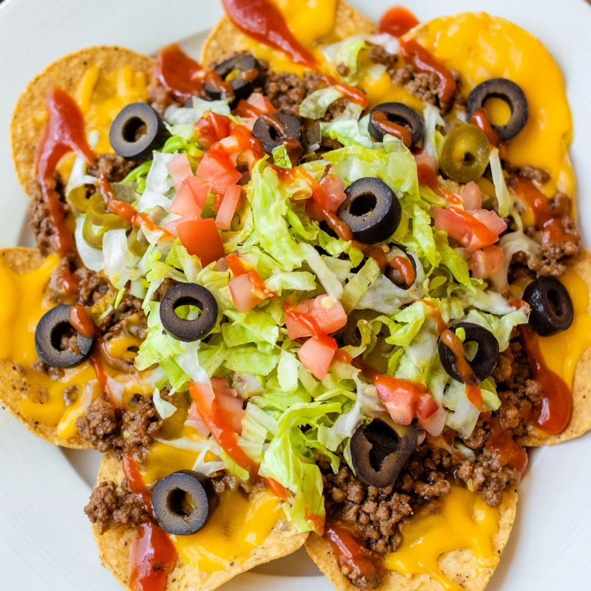 Golden tortilla chips piled high with melted cheddar, seasoned ground beef, black beans, and fresh jalapeños on a wooden board.  