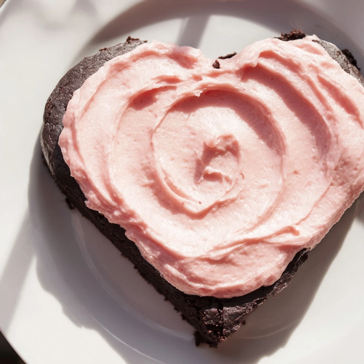 Heart Shaped Brownies with Pink Frosting sit on a white plate, their glossy pink icing catching the light in a cozy kitchen setting.