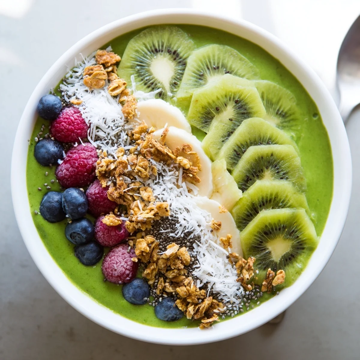 Vibrant Green Smoothie Bowl with Kiwi and Chia topped with fresh banana slices and crunchy granola for a refreshing breakfast.