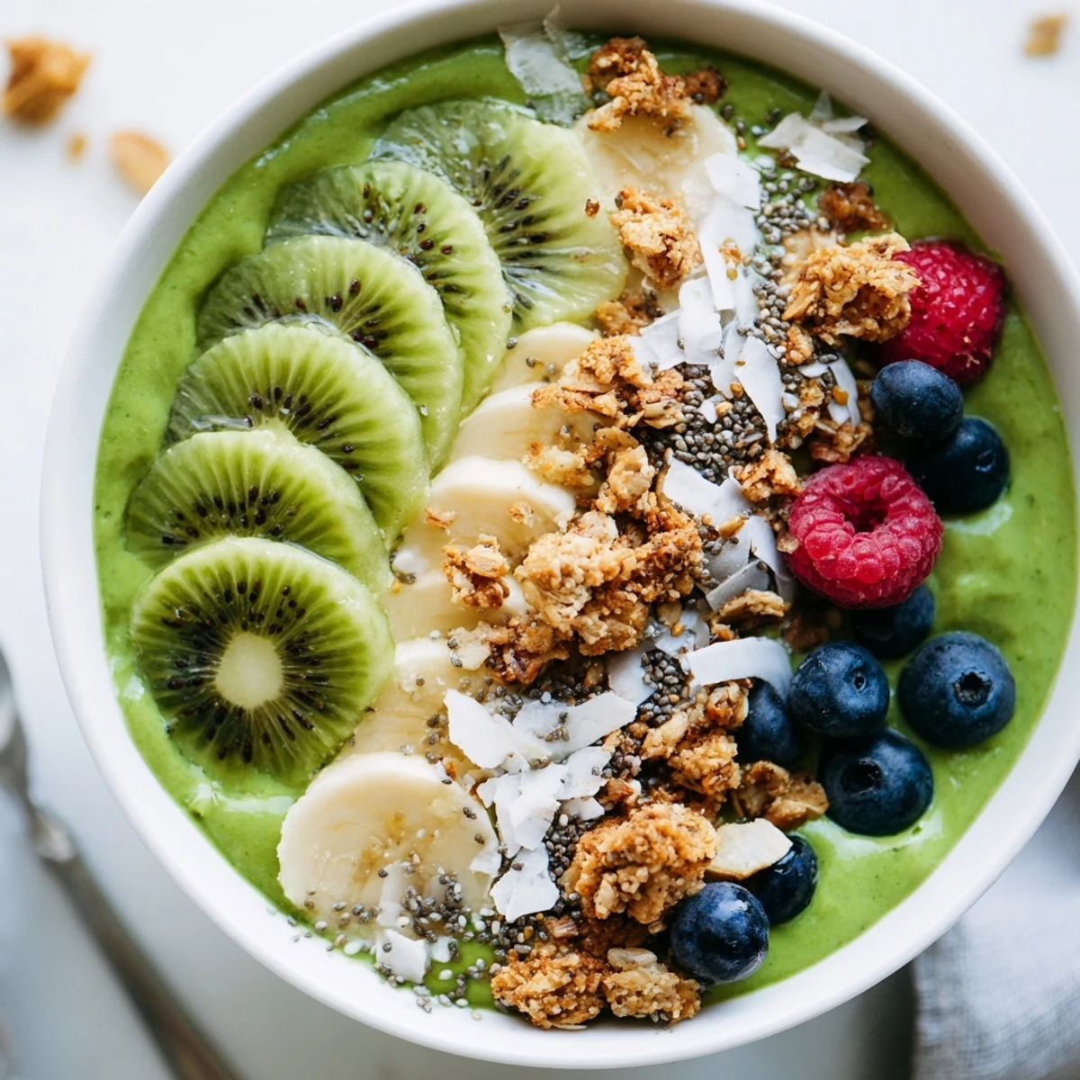 A creamy Green Smoothie Bowl with Kiwi and Chia in a white bowl, garnished with berries and coconut for extra texture.
