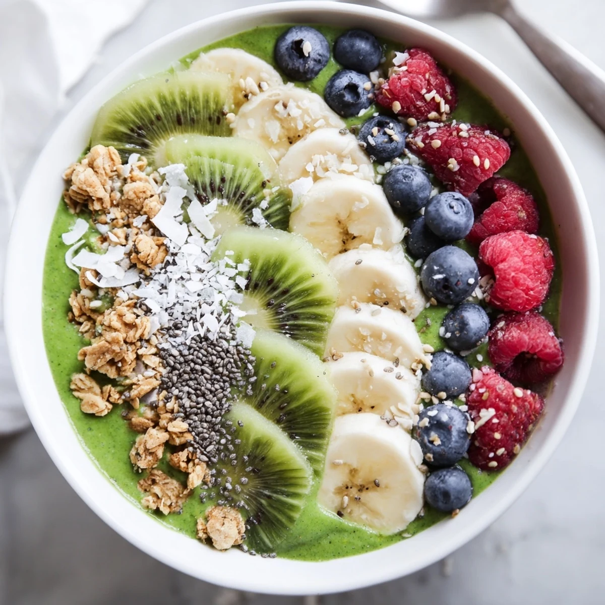 Pouring almond milk into a blender for a Green Smoothie Bowl with Kiwi and Chia, perfect for a healthy vegan snack.