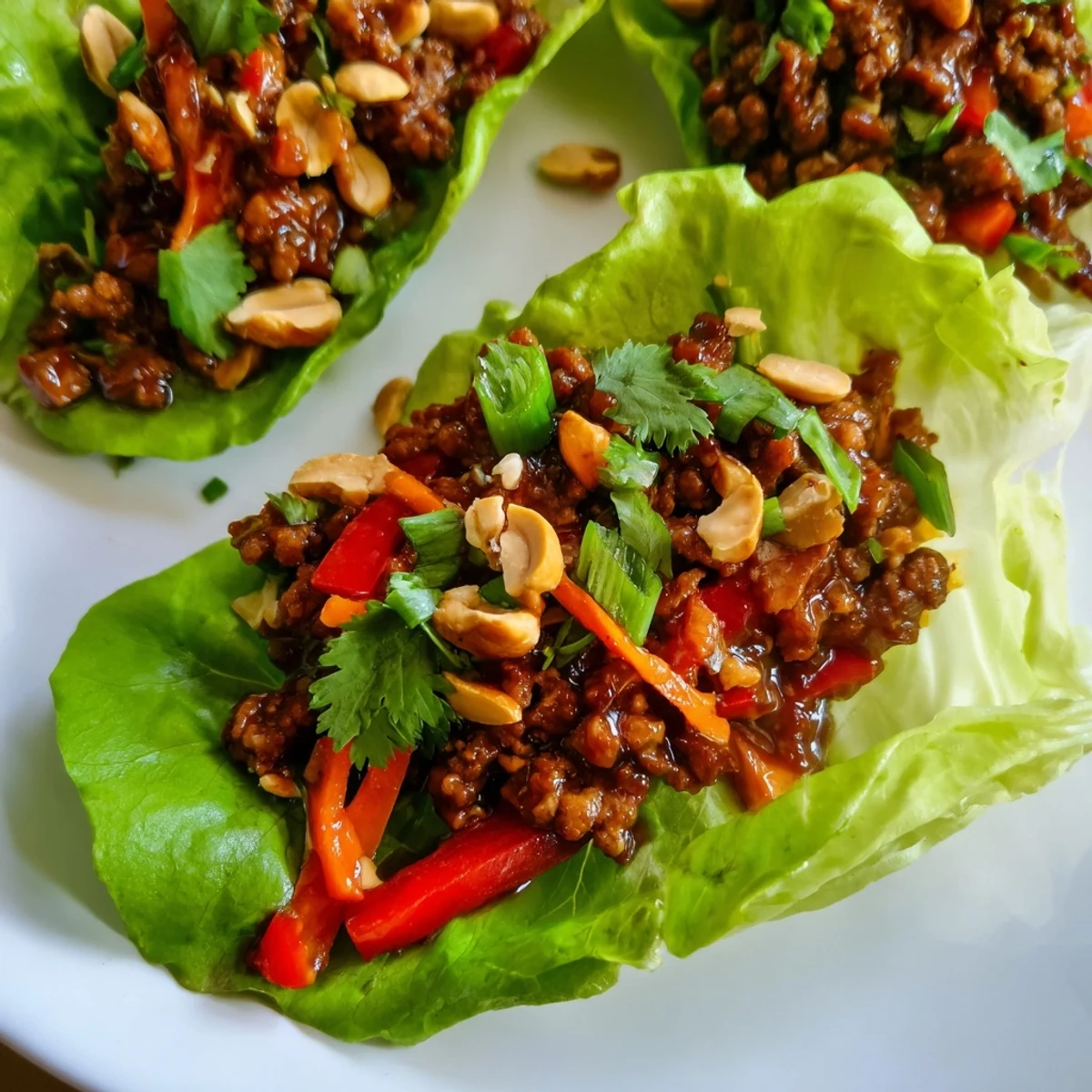 Tender butter lettuce cups cradle savory ground beef tossed in glossy, sweet-tangy hoisin sauce, dotted with peanuts and fresh cilantro for vibrant crunch.