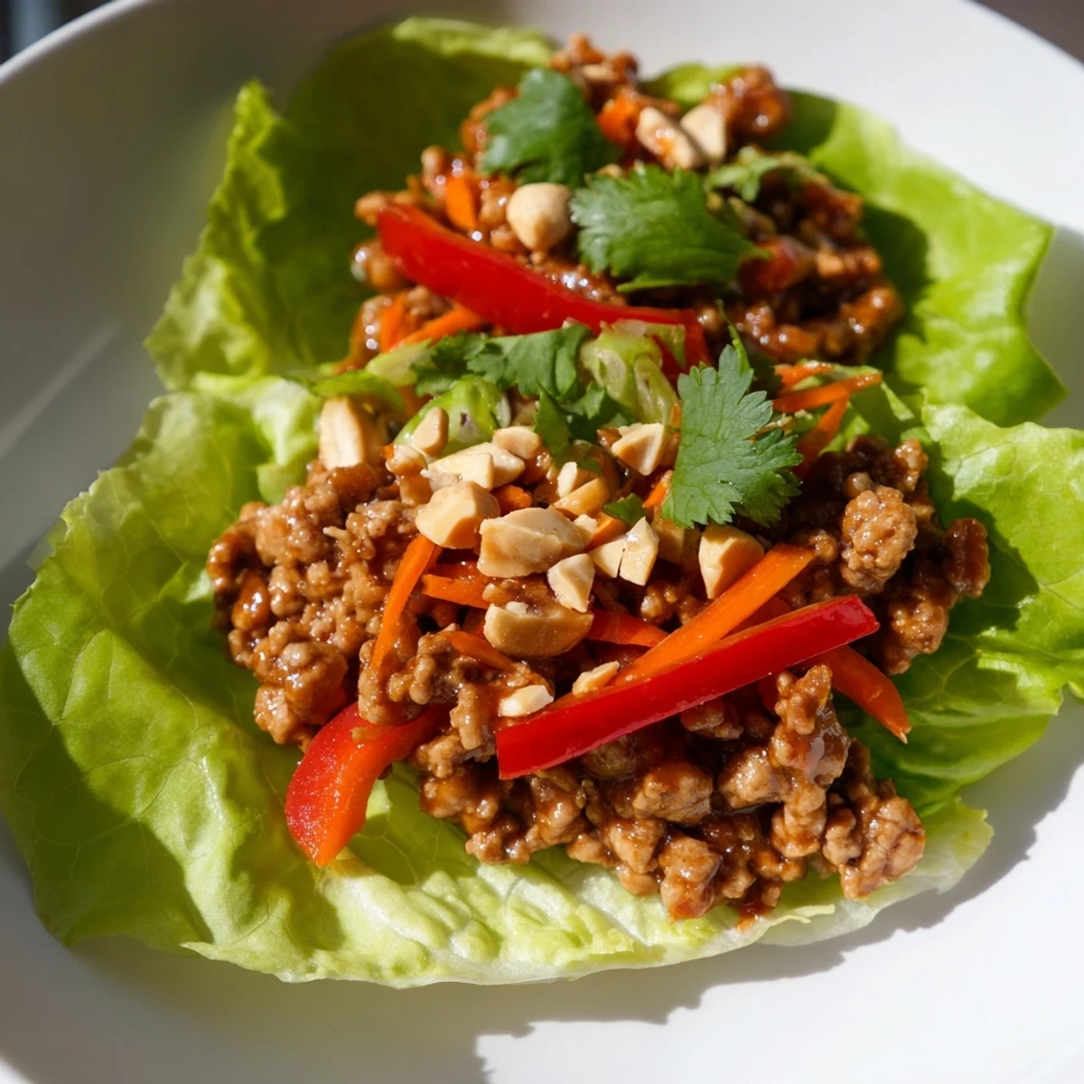 Fresh Bibb lettuce leaves filled with juicy hoisin beef, carrots, and peppers, topped with chopped peanuts and cilantro for a flavorful bite.