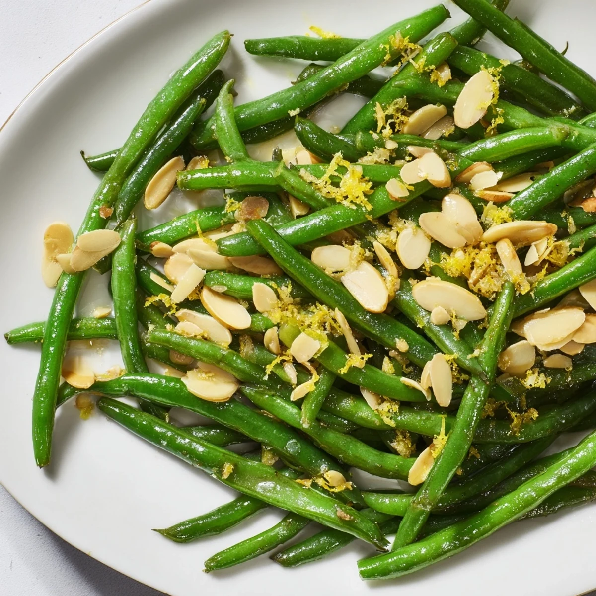 Bright green, crisp-tender Lemon Garlic Green Beans with Almonds garnished with fresh lemon zest on a white plate.  