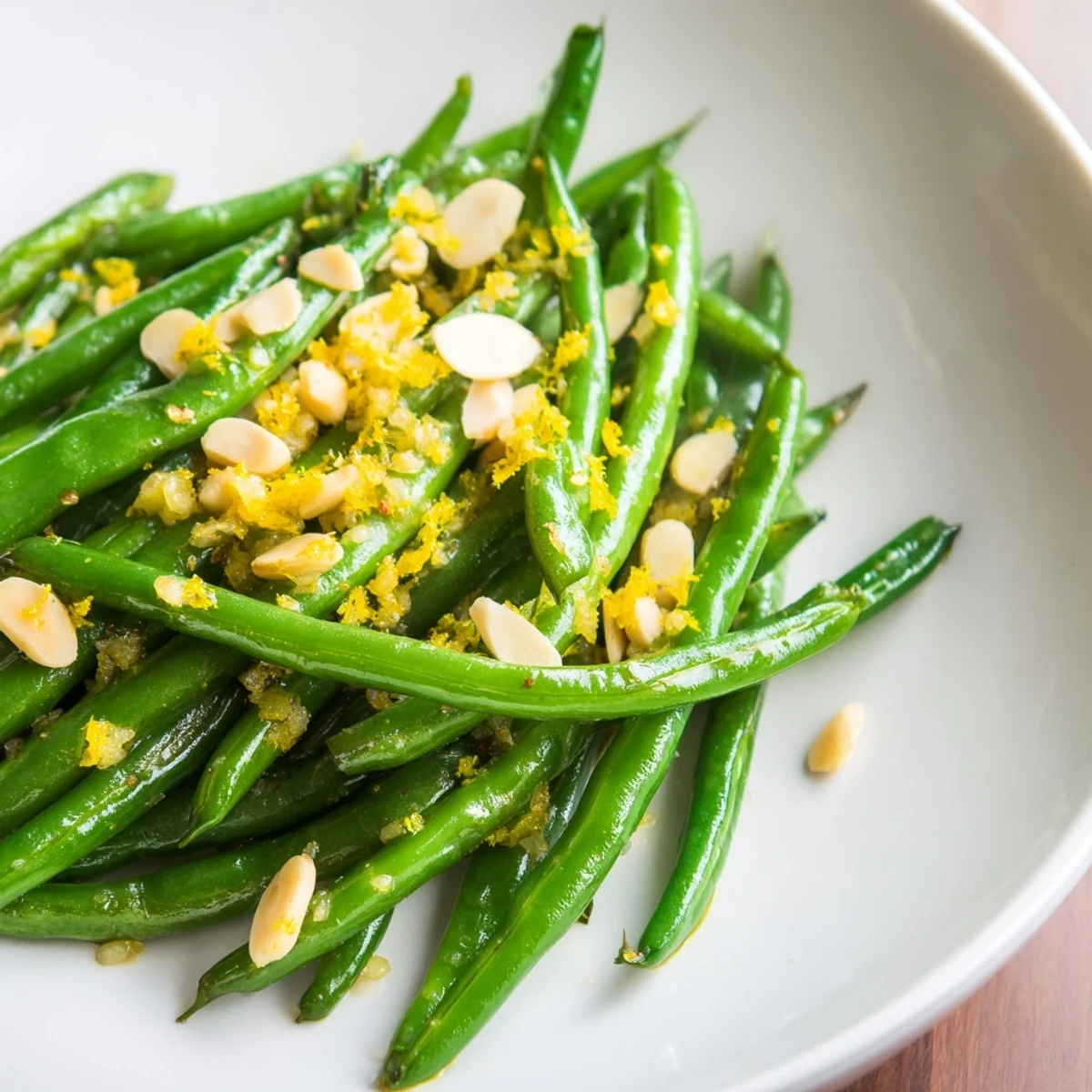 Sautéed Lemon Garlic Green Beans with Almonds, a fragrant side dish with toasted nuts for a nutty crunch.  