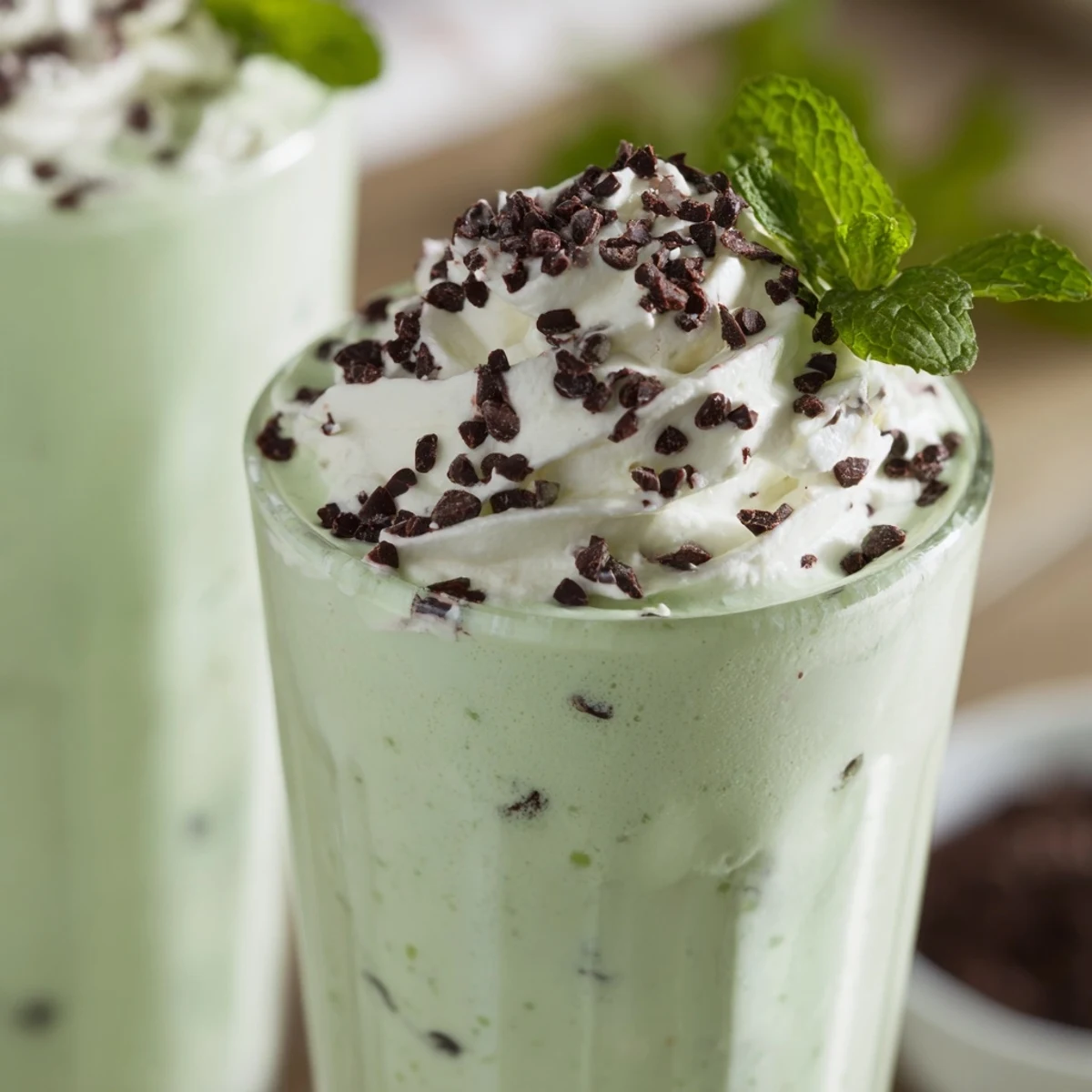 A tall glass of Green Mint Chip Milkshake topped with whipped cream, chocolate chips, and a fresh mint leaf.