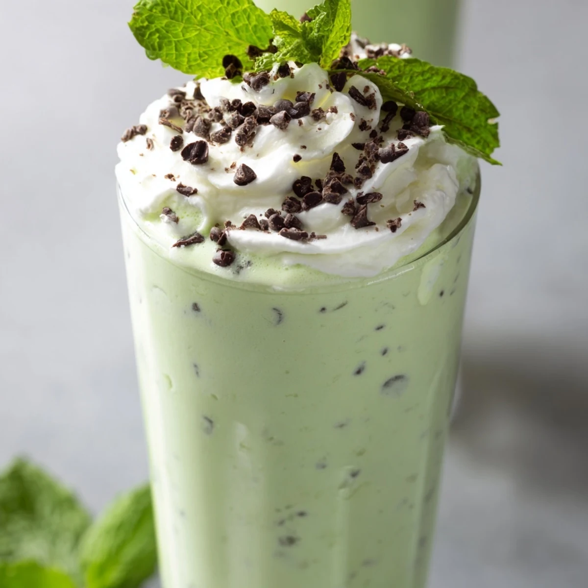 Green Mint Chip Milkshake in a frosty glass, showing creamy green texture and plenty of mini chocolate chips.