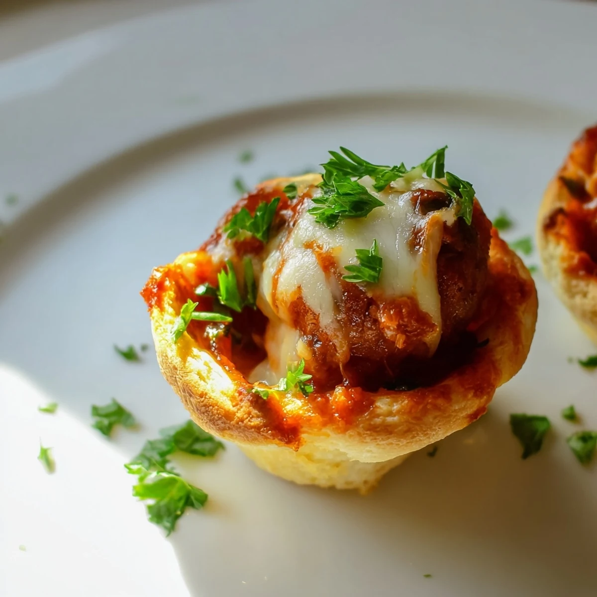 Golden-brown Game Day Meatball Sub Bites sit in a muffin tin, with melted mozzarella and marinara sauce bubbling over the edges.  