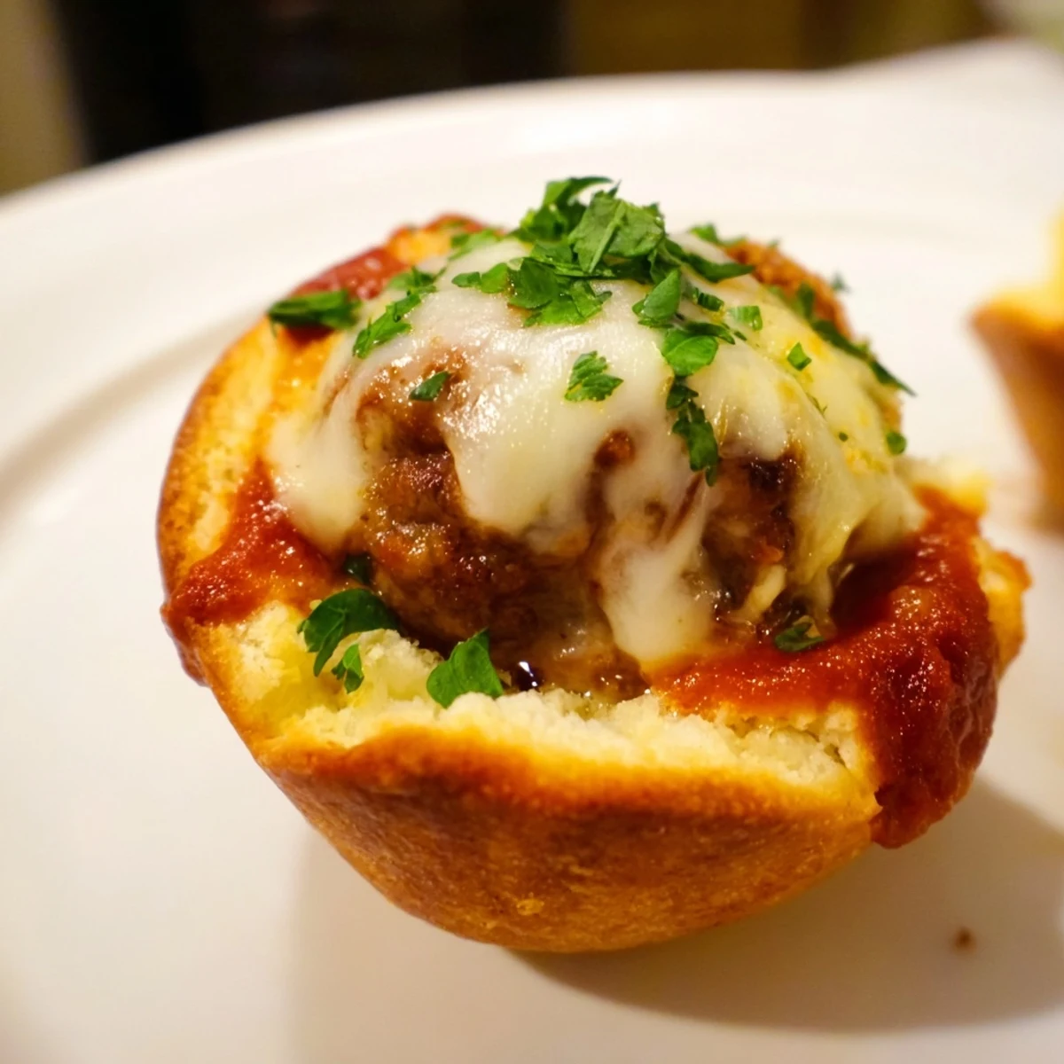 Close-up on a Game Day Meatball Sub Bite, showing a flaky biscuit crust holding a juicy meatball and rich marinara sauce.