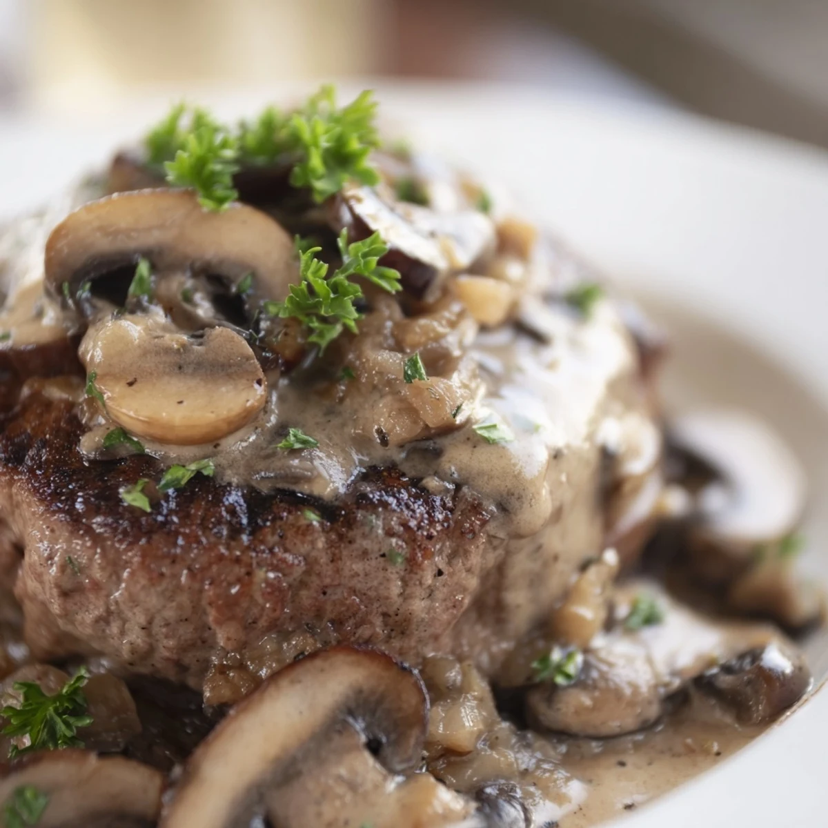 A close-up of Steak Diane with mushrooms spooned over tender beef fillets, garnished with fresh parsley.  