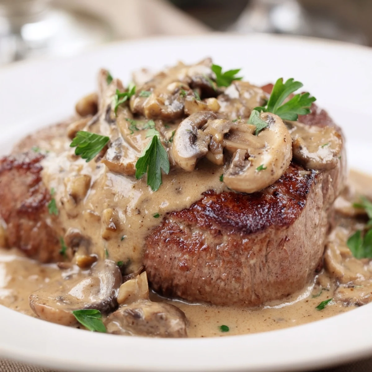 Steak Diane with mushrooms plated beside roasted potatoes and asparagus, drenched in a rich cognac sauce.  