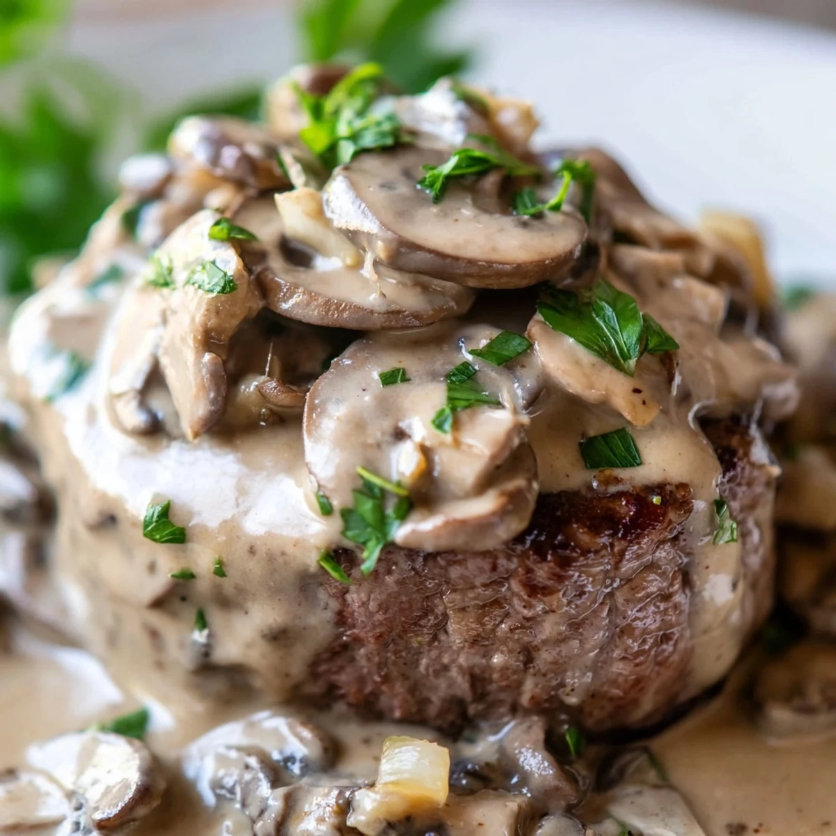 Pan-seared Steak Diane with mushrooms, served for a romantic dinner with a glass of red wine.