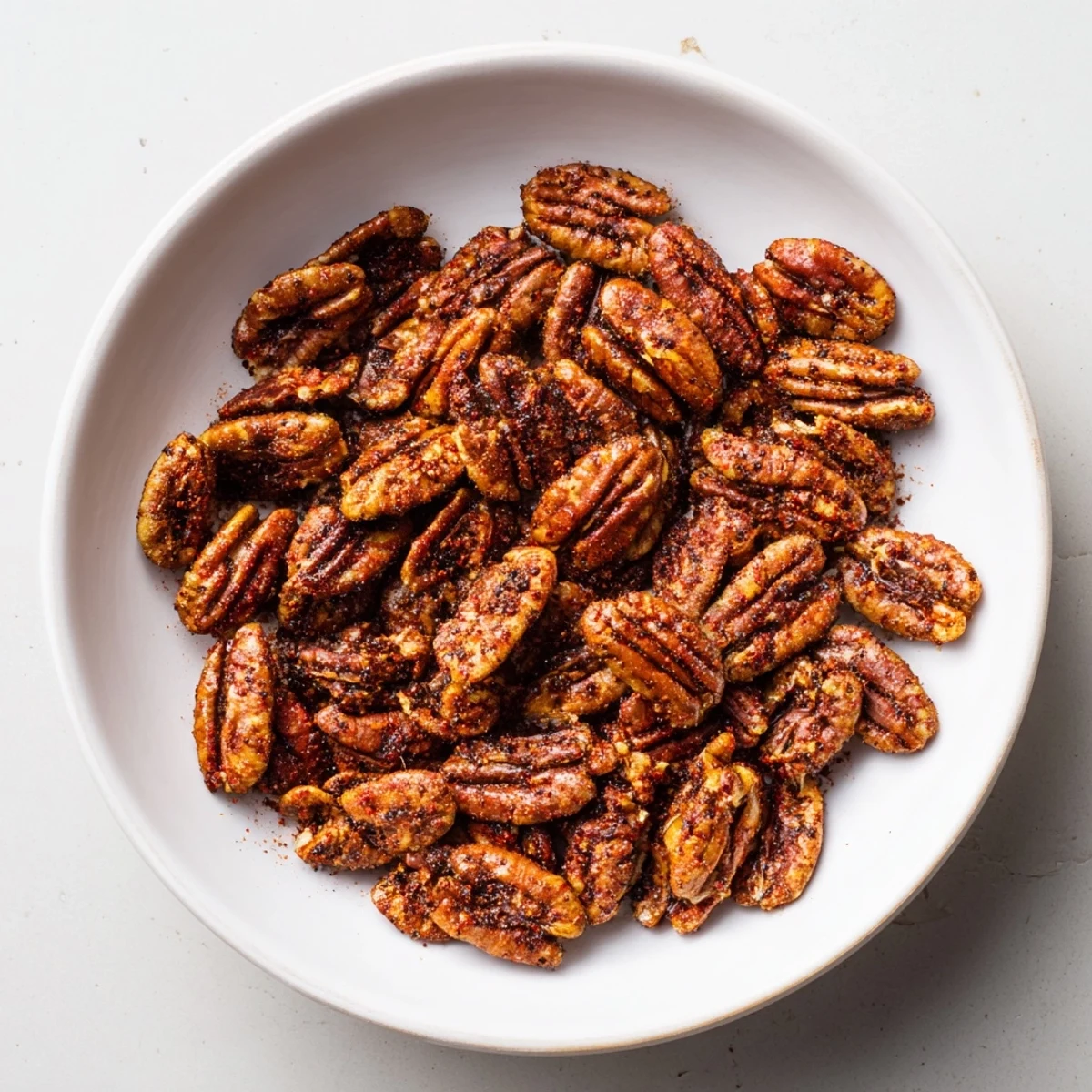 Golden Cajun Spiced Pecans are spread across a parchment-lined baking sheet, glistening with butter and aromatic spices.  