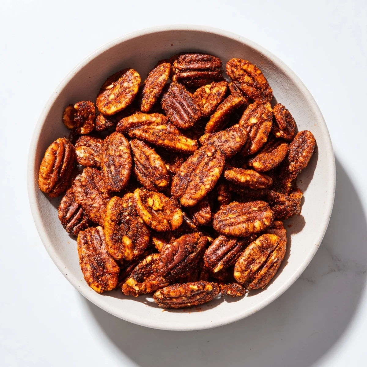 Freshly baked Cajun Spiced Pecans piled in a rustic bowl, ready to garnish Southern-style salads or snacks.