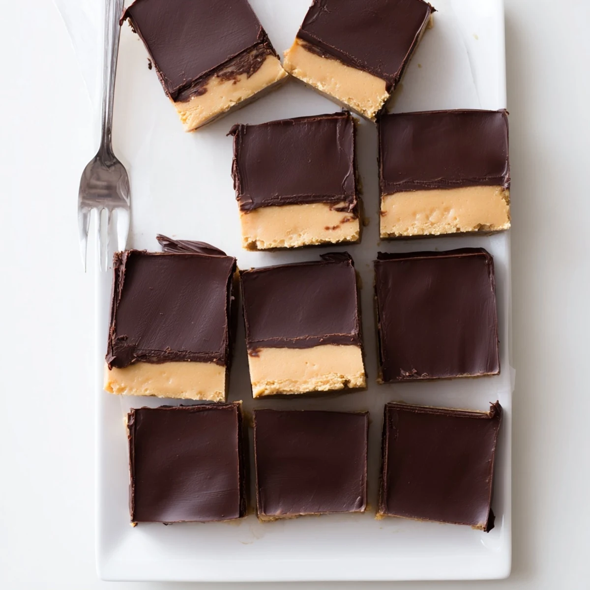 A close-up of rich Chocolate Peanut Butter Fudge squares stacked on a wire rack, showing smooth chocolate and creamy peanut butter layers.