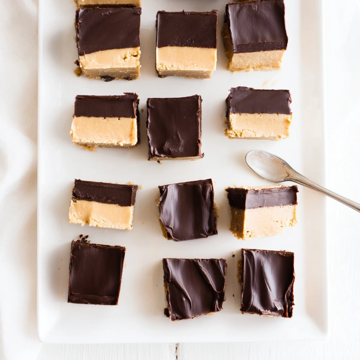 A chilled slab of Chocolate Peanut Butter Fudge being cut into squares, revealing fudgy texture and glossy chocolate topping.