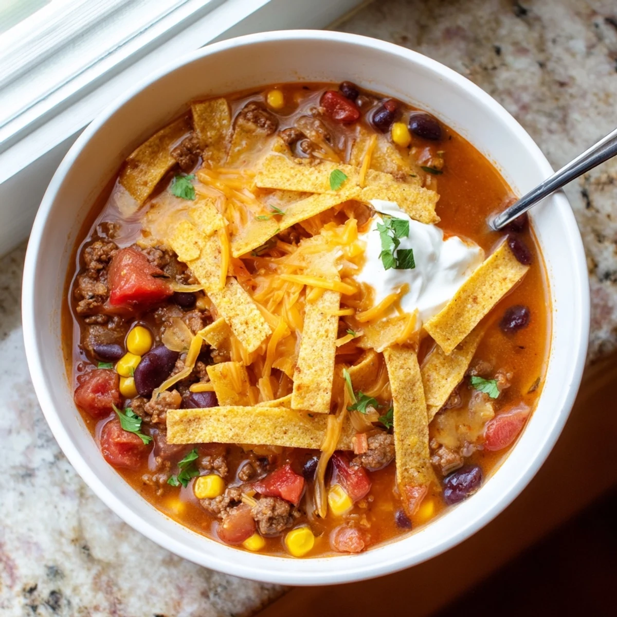 A bowl of hearty Beef Enchilada Soup with tortilla strips, topped with cheese, sour cream, and fresh cilantro for a Mexican-inspired dinner.
