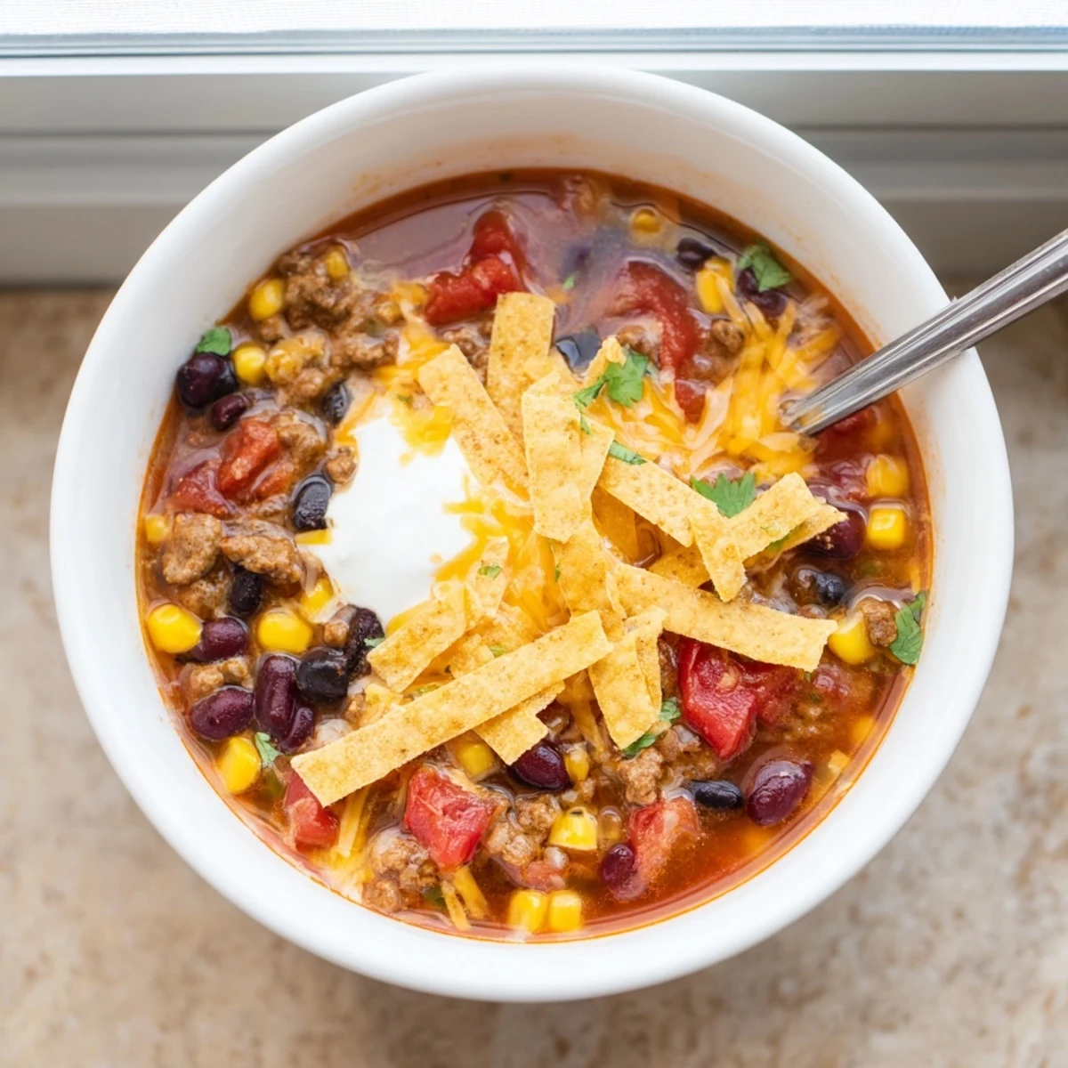 Spicy Beef Enchilada Soup simmering in a pot, garnished with crispy corn tortilla strips, diced avocado, and lime wedges for a zesty finish.