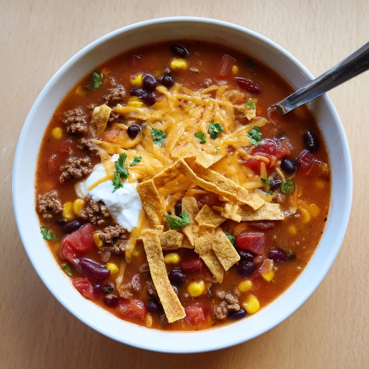 Close-up of rich Beef Enchilada Soup with tender ground beef, beans, corn, and crunchy baked tortilla strips, perfect for a cozy family meal.
