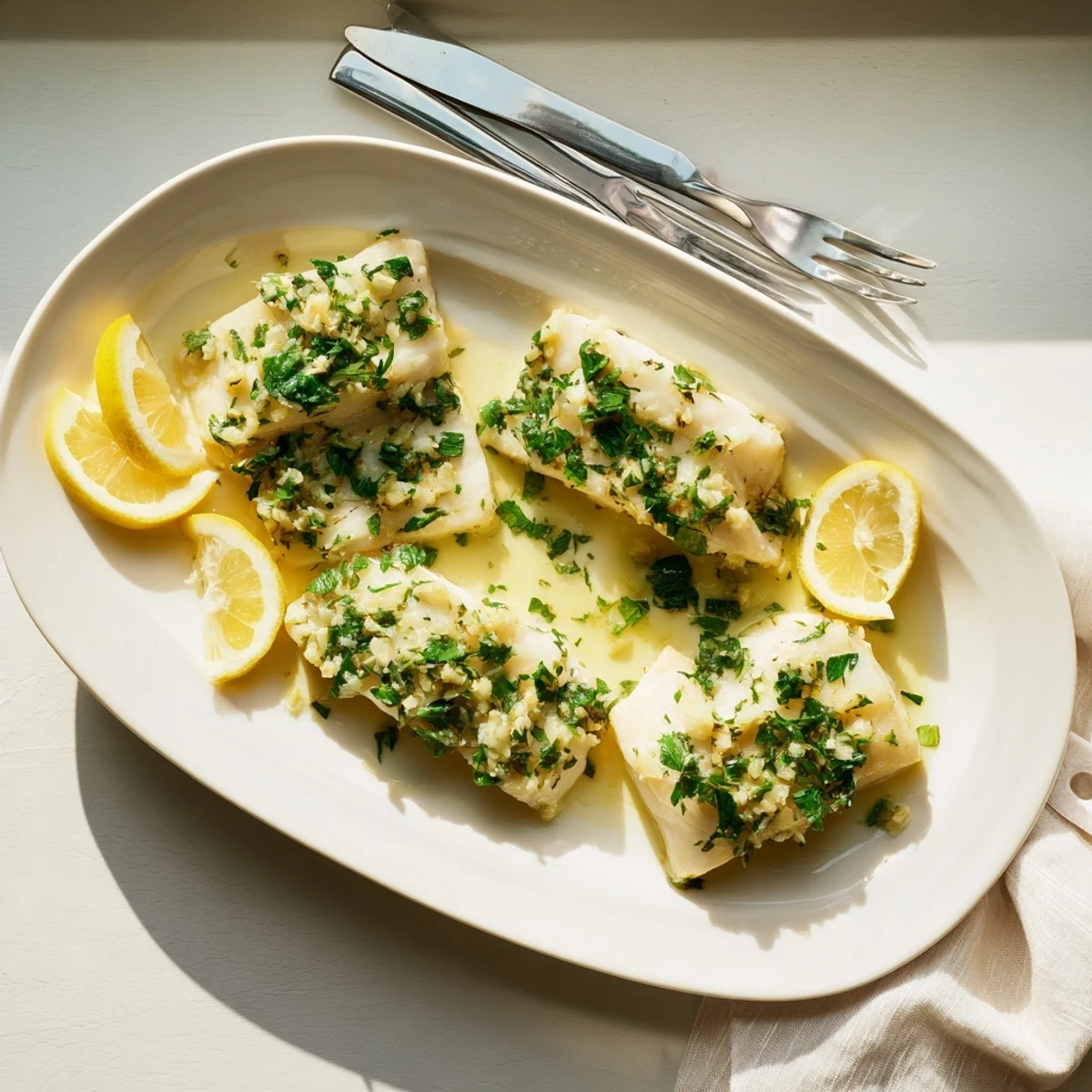 Four flaky, golden-baked halibut fillets are topped with a bright, buttery lemon sauce in a white ceramic baking dish.