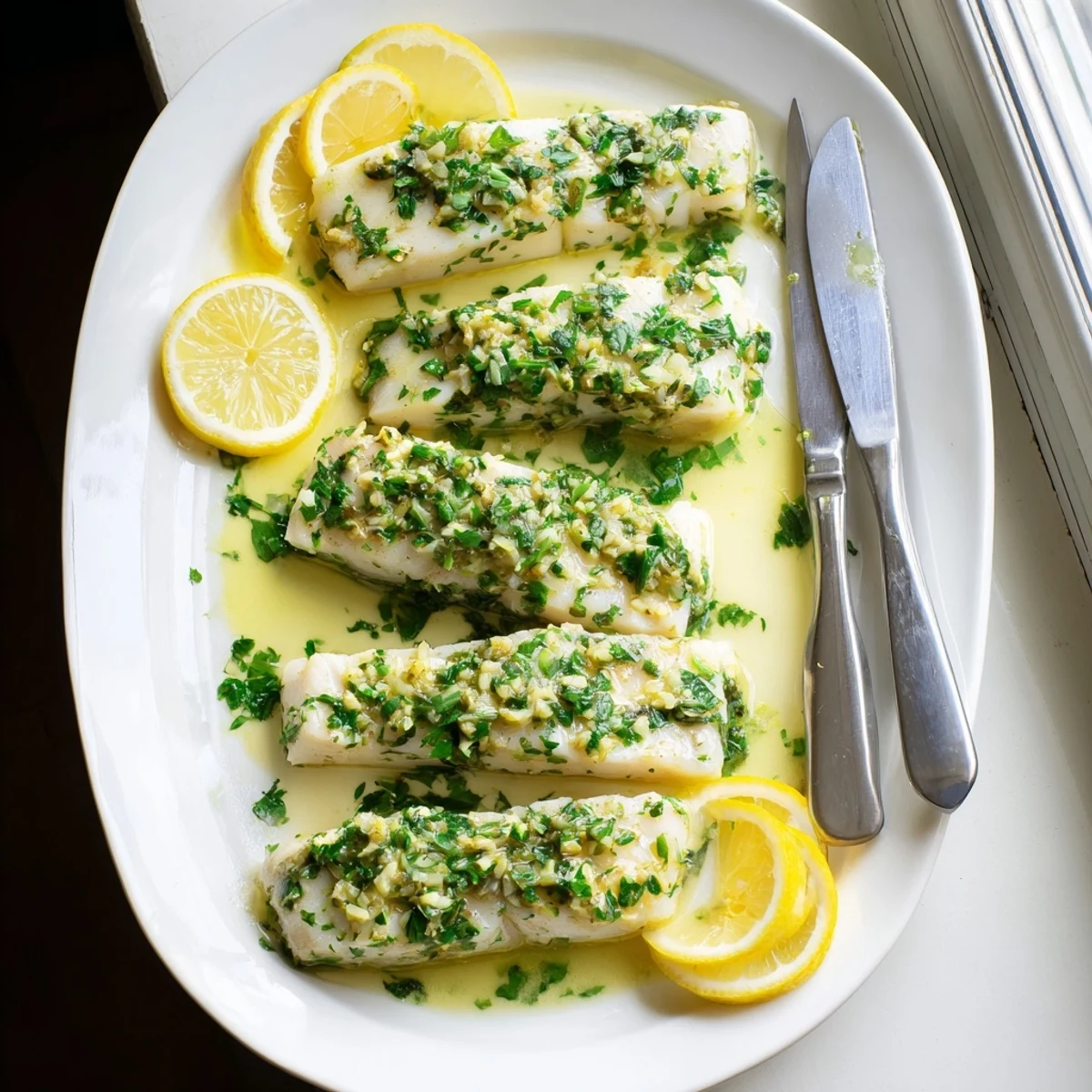 A close-up view of tender baked halibut with melted lemon butter, fresh parsley, and vibrant lemon zest.