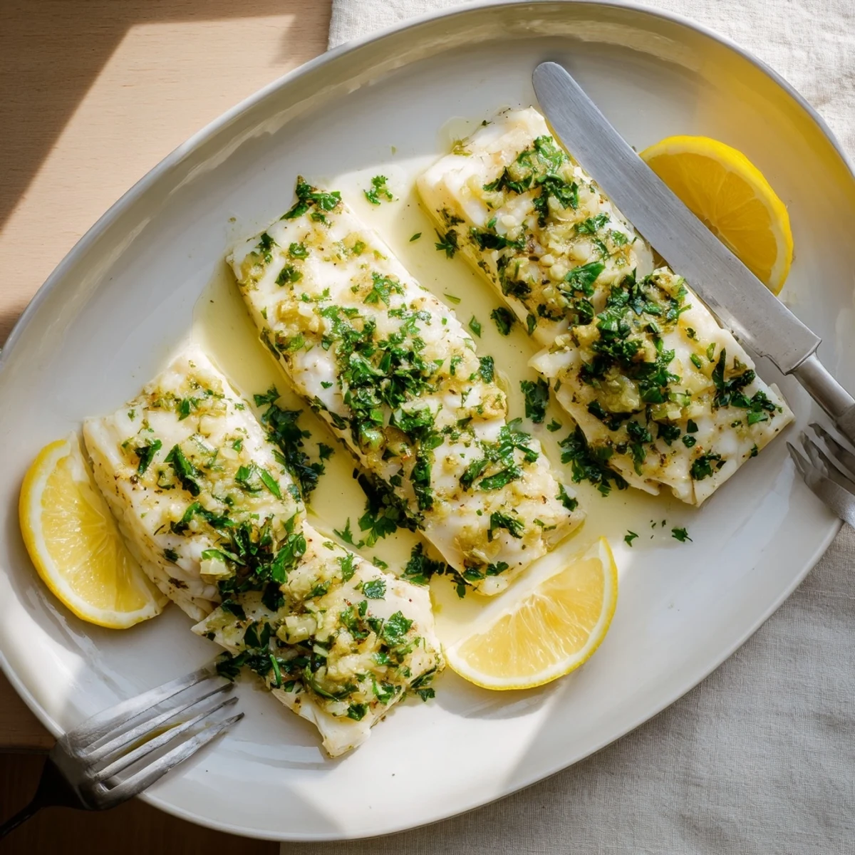 Perfectly baked halibut fillets glistening with lemon butter sauce, served alongside a green salad on a wooden table.