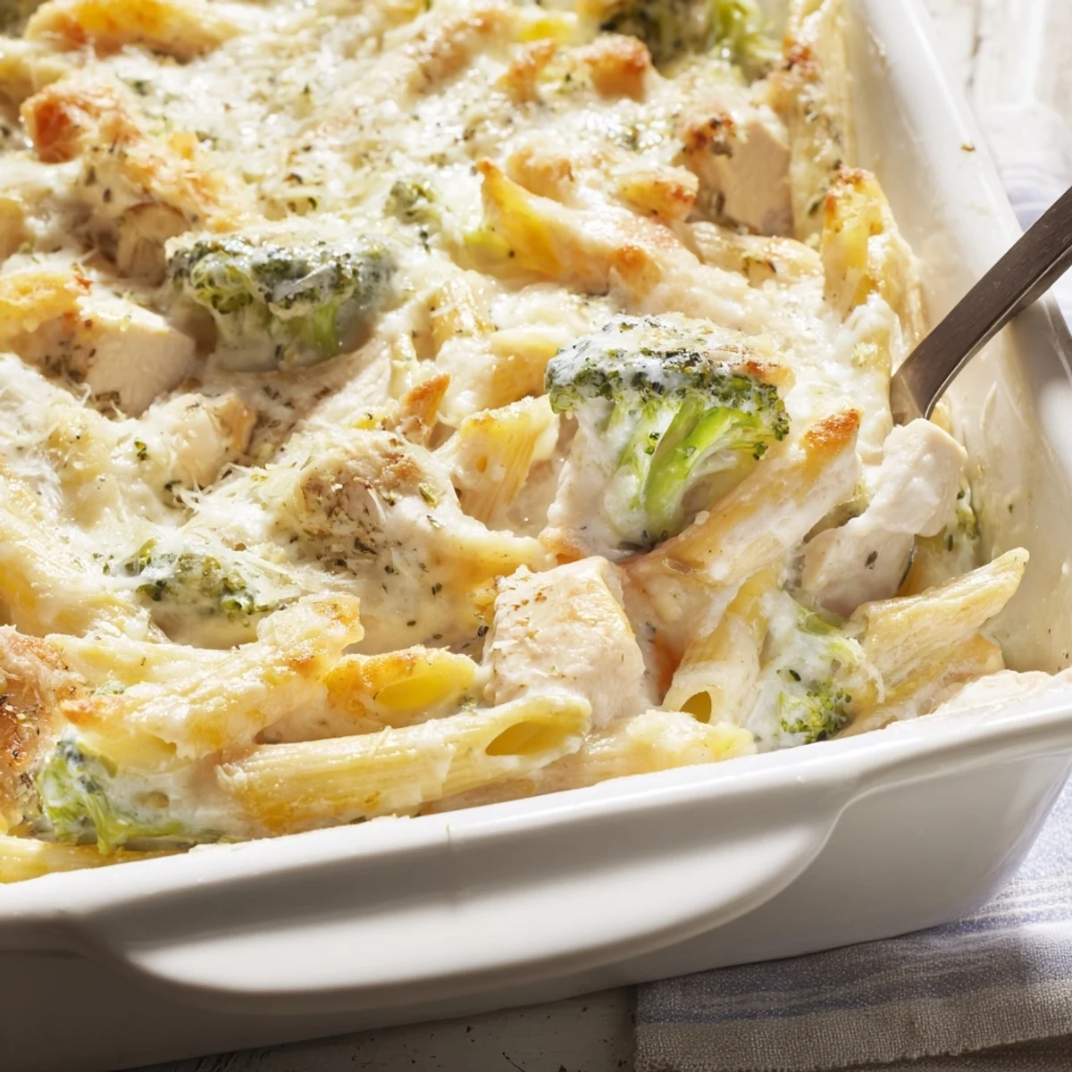 Golden, bubbling mozzarella blankets tender penne pasta, diced chicken, and bright green broccoli in this baked Chicken Alfredo Bake with Broccoli.  