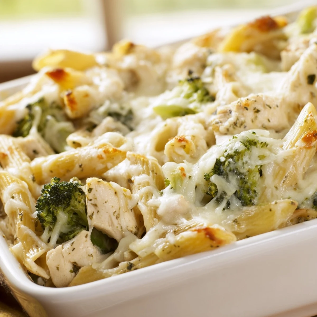 A spoonful of baked Chicken Alfredo Bake with Broccoli showcases al dente rigatoni, melted cheese, and a golden-brown, bubbly topping.