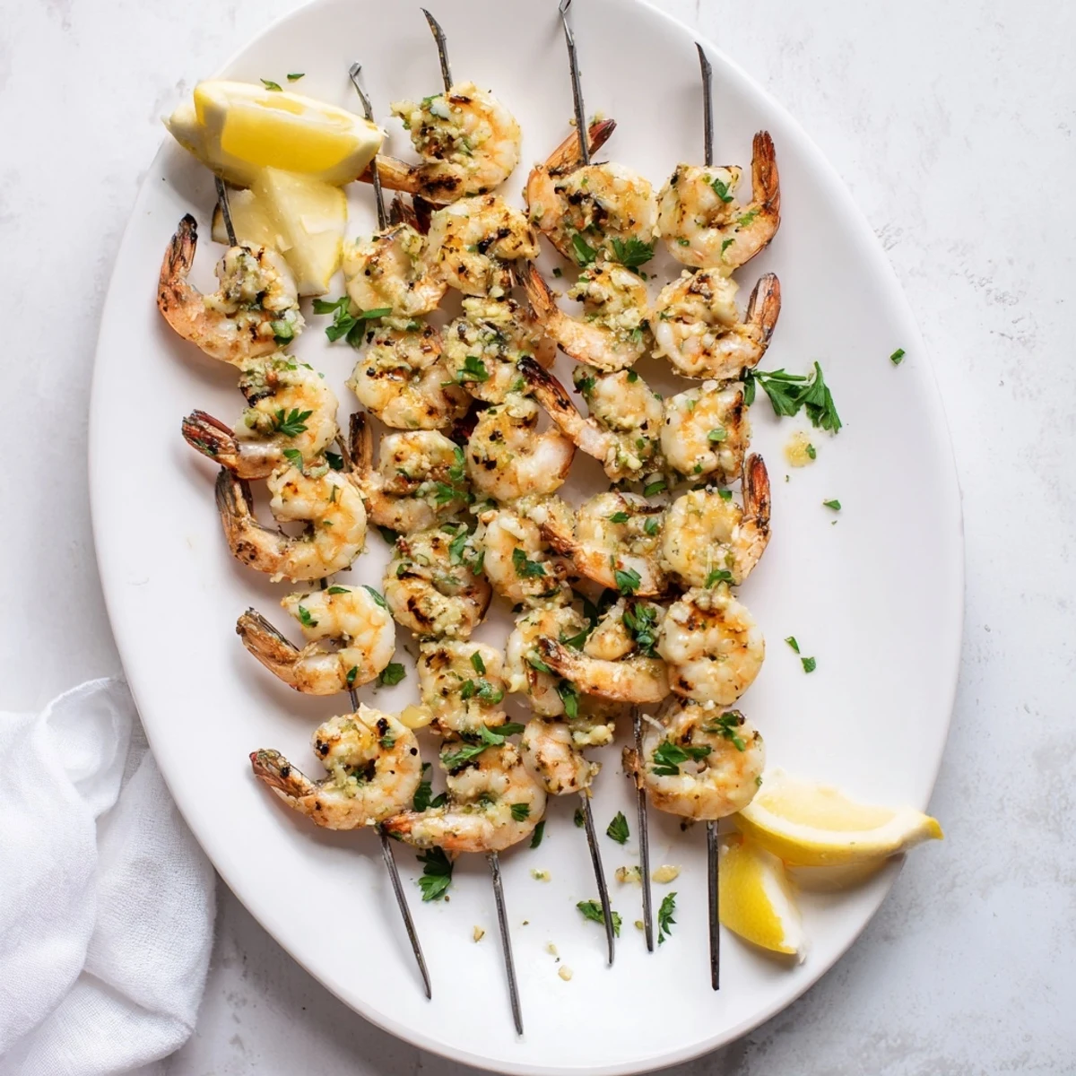 Juicy, charred Lemon Garlic Shrimp Skewers fresh off the grill, paired with crisp salad greens and a chilled Sauvignon Blanc.