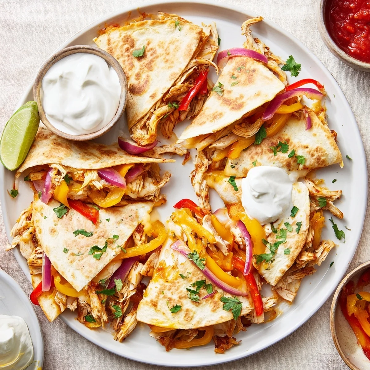 Golden-brown Chicken Quesadillas with Peppers and melted cheese on a wooden board.