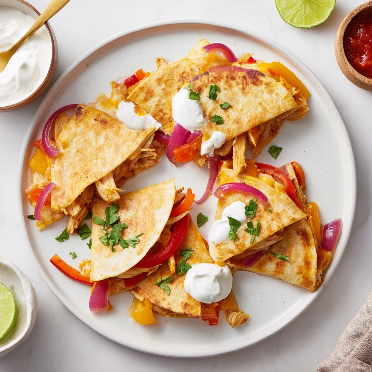 Crispy folded Chicken Quesadillas with Peppers served with sour cream and salsa.