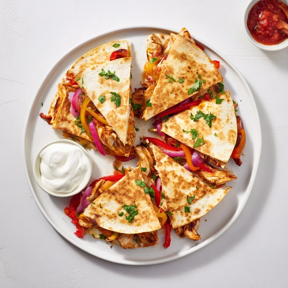 Freshly cooked Chicken Quesadillas with Peppers and cilantro on a skillet.