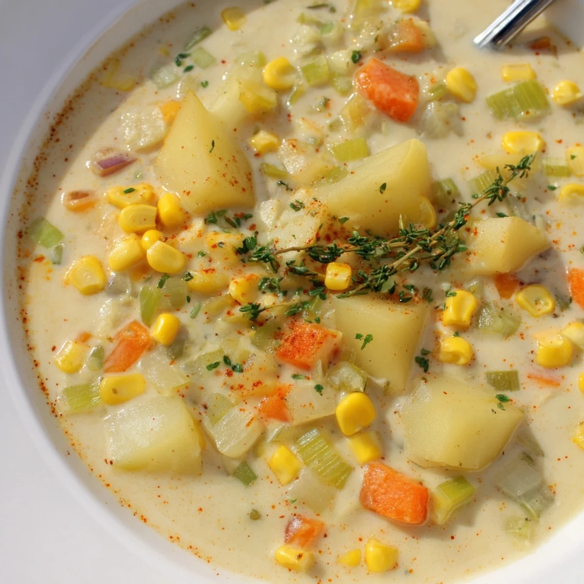 Steaming bowl of Creamy Corn and Potato Chowder, featuring diced carrots and celery in a rich, golden broth alongside crusty bread.  