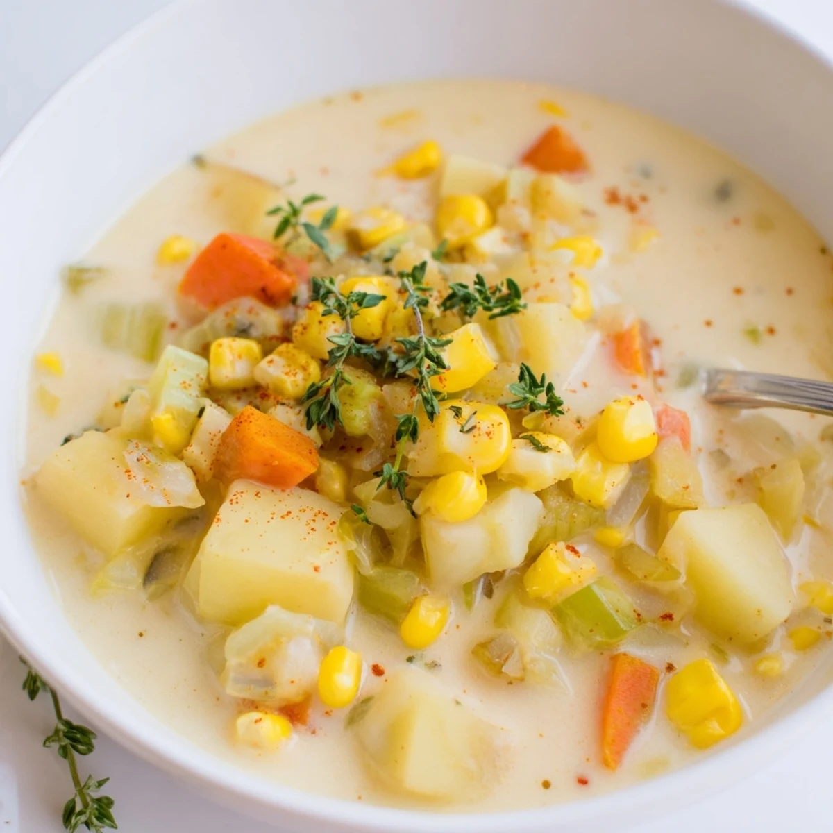 Creamy Corn and Potato Chowder in a rustic bowl, garnished with fresh chives, showcasing velvety broth, tender potatoes, and golden kernels.  