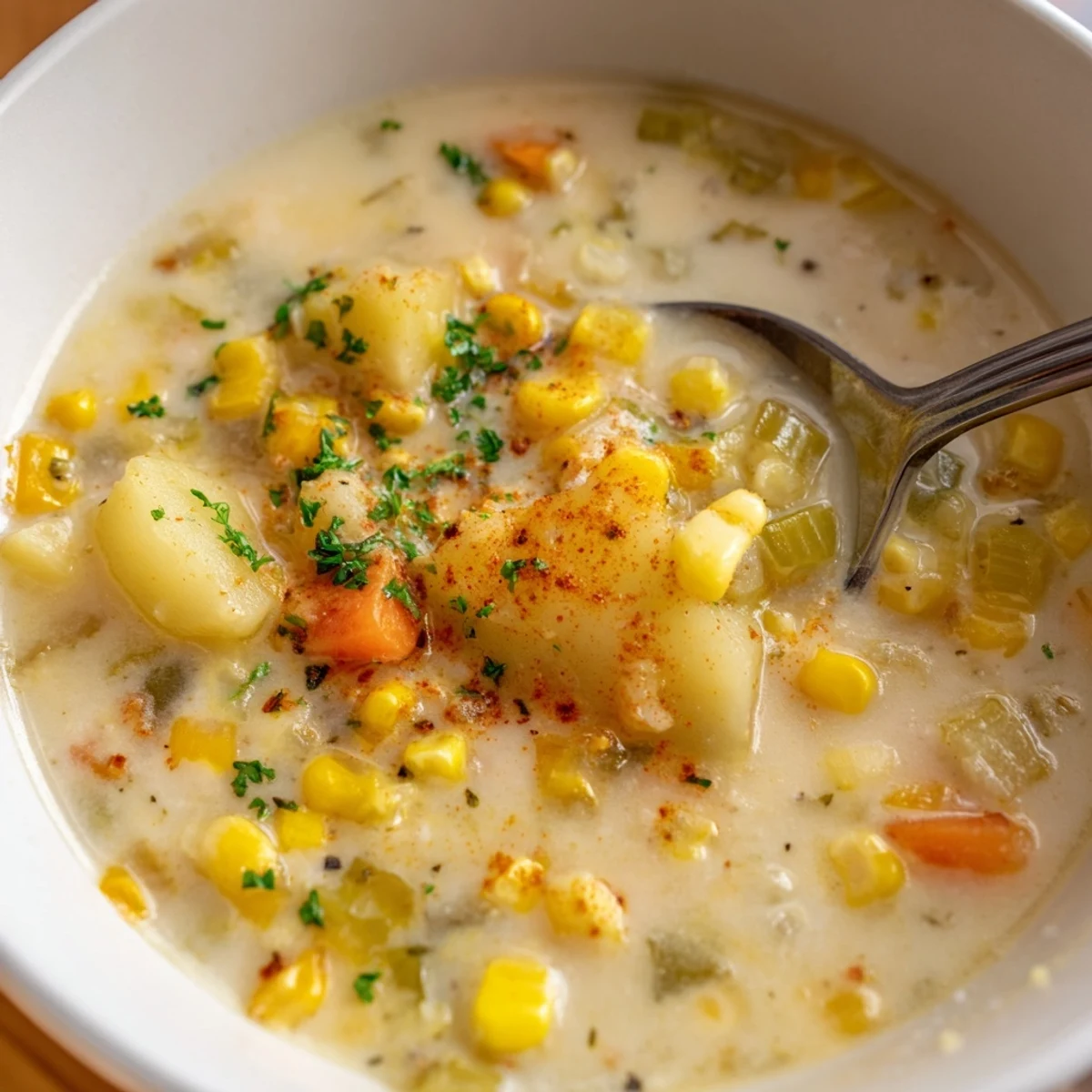 Comforting Creamy Corn and Potato Chowder served hot, highlighted by sweet corn, Yukon Gold potatoes, and a hint of smoked paprika.