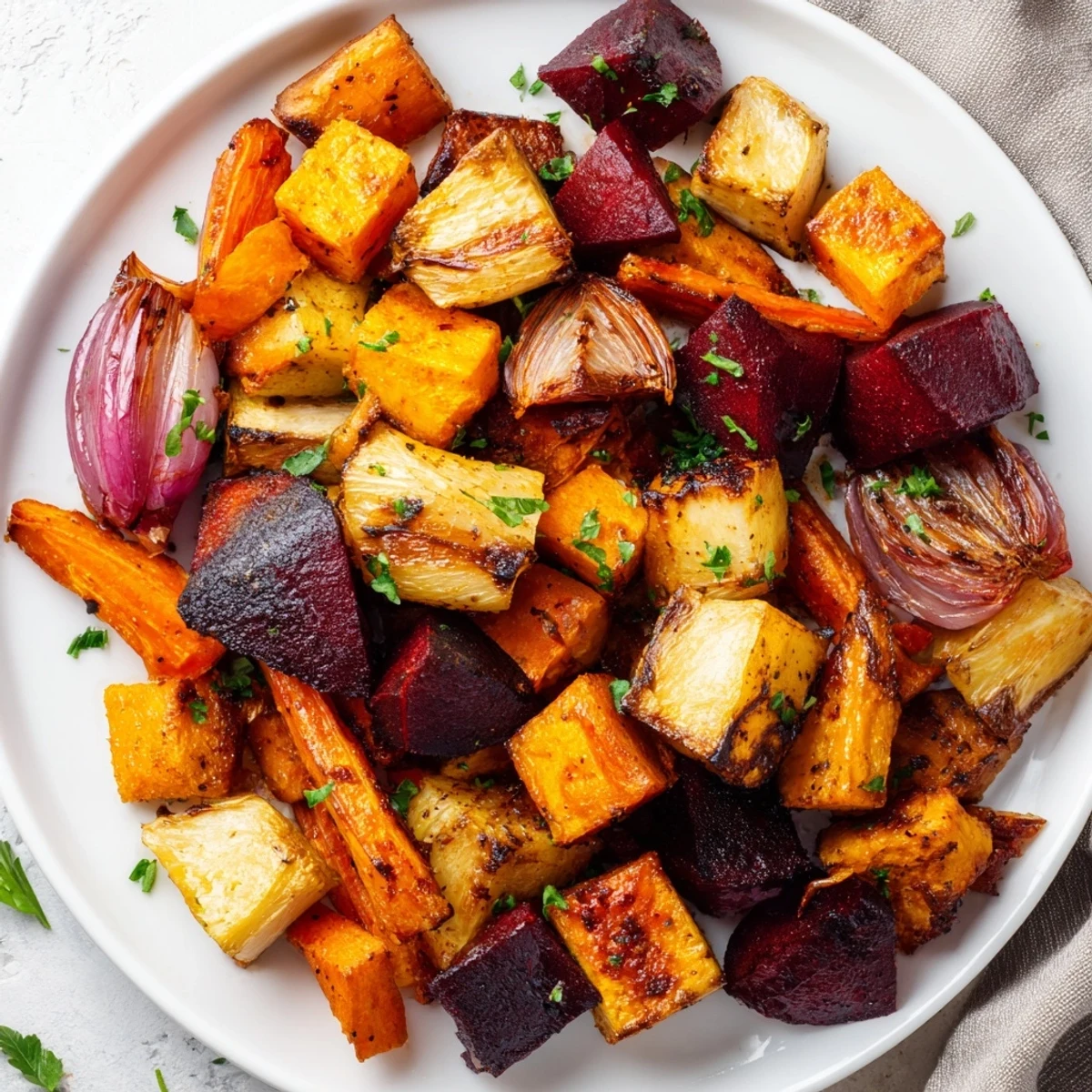 Golden roasted root vegetables with balsamic glaze, featuring caramelized carrots, parsnips, and beets on a rustic platter.