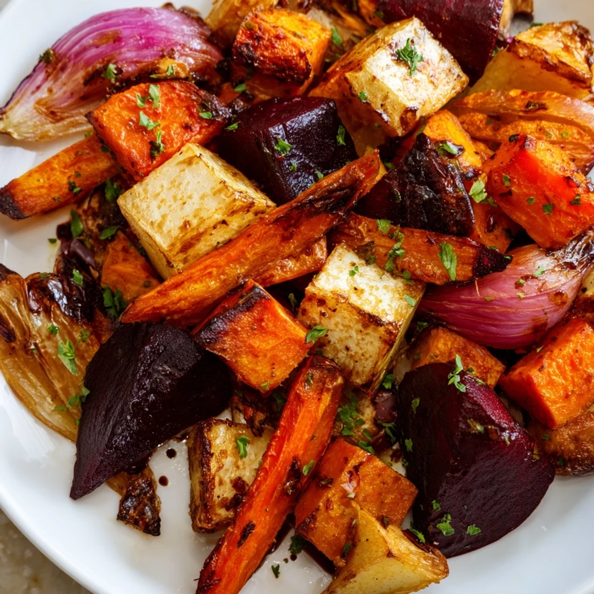 A close-up of tender roasted root vegetables with balsamic, drizzled with glaze and topped with fresh parsley.