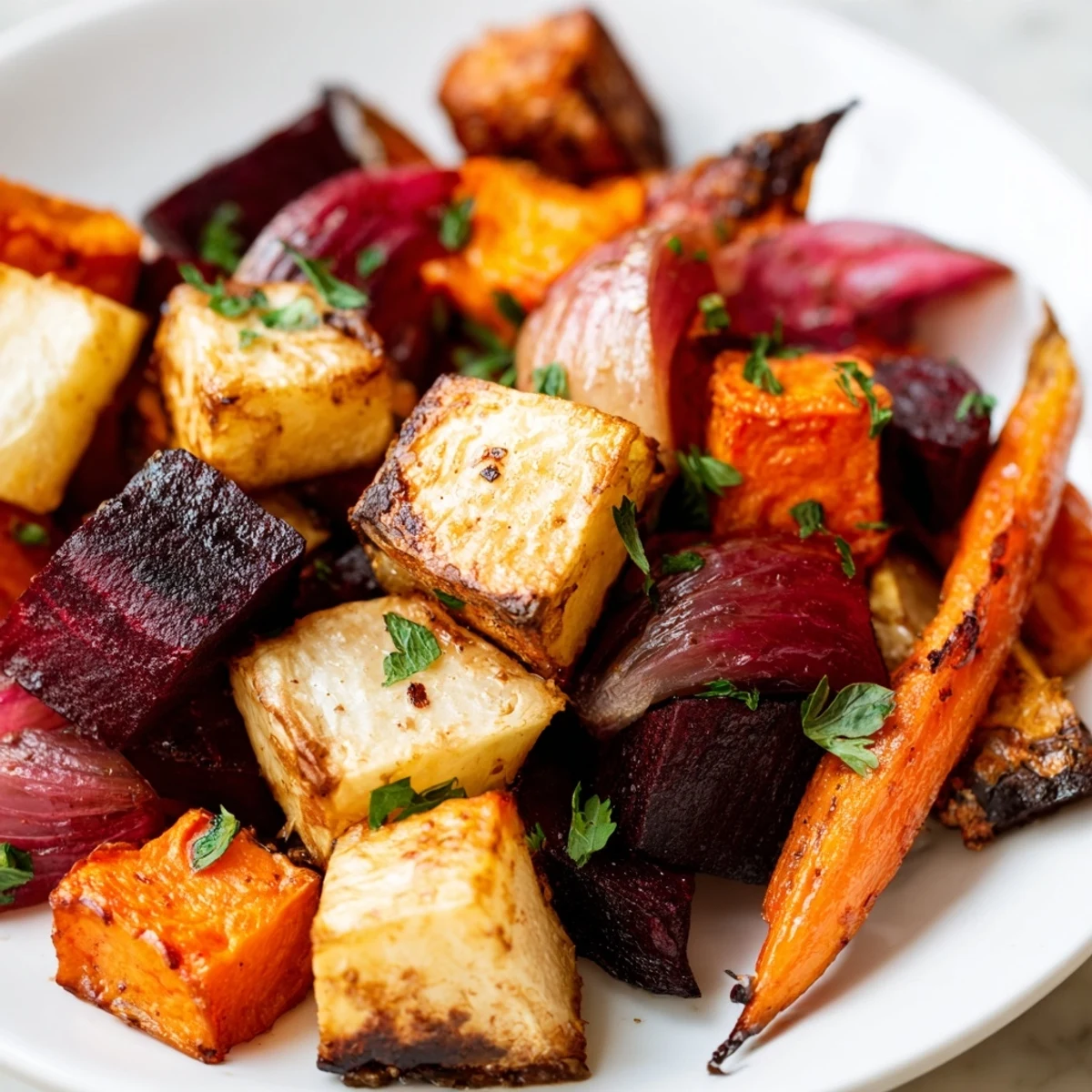 Savory roasted root vegetables with balsamic, served warm as a colorful side dish for a holiday meal.
